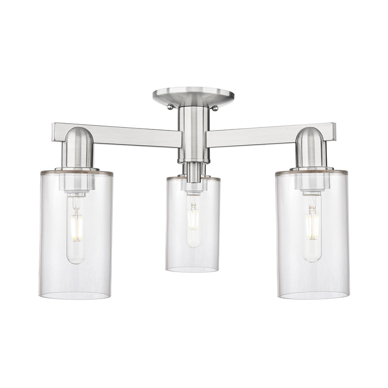 Innovations Clymer 21in 3-Light Semi-Flush Mount | Industrial Brushed Satin Nickel Steel and Clear Glass | Living Room & Hallway | Model 716-3F-SN-G802