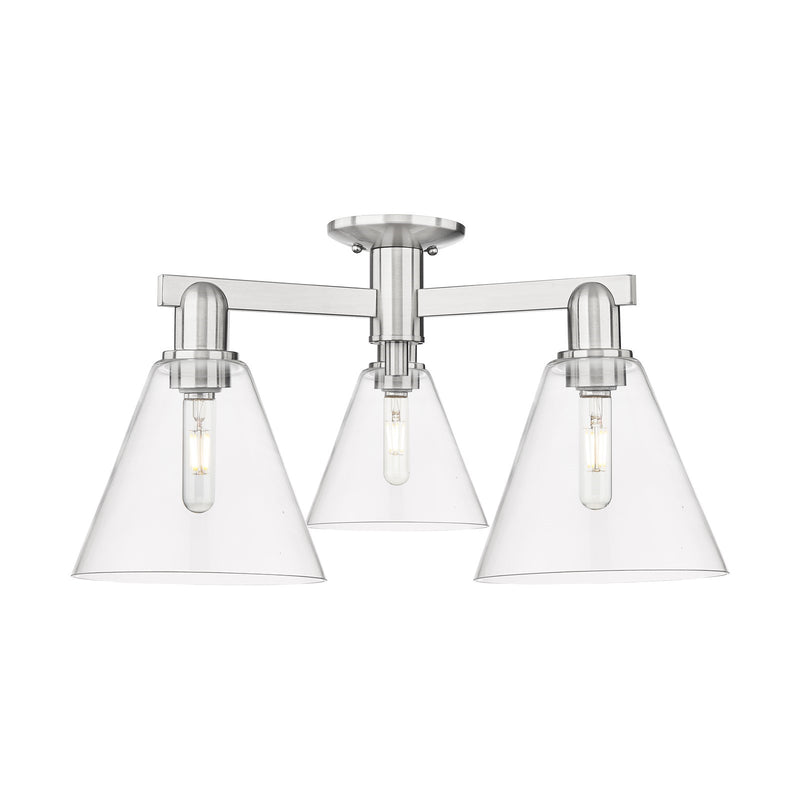 Innovations Berkshire Glass 26in 3-Light Semi-Flush Mount | Industrial Brushed Satin Nickel Steel and Clear Glass | Entryway & | Model 716-3F-SN-GBC-82