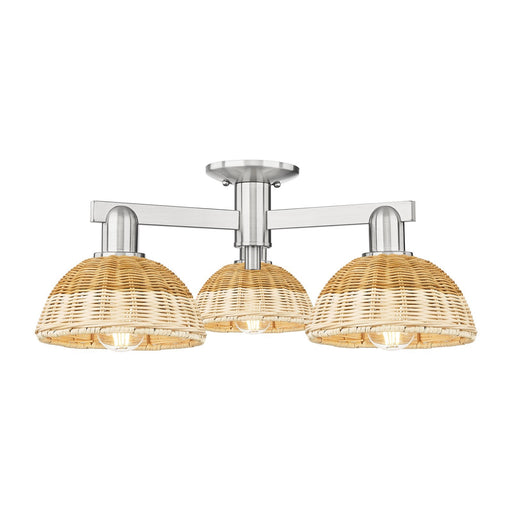 Innovations Natural Ballston Dome 25in 3-Light Semi-Flush Mount | Farmhouse Brushed Satin Nickel and Natural Fiber | Model 716-3F-SN-NBD2-75-NAT