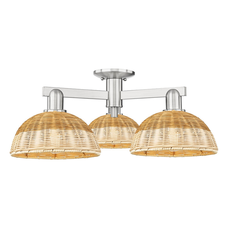 Innovations Bristol Natural II 27in 3-Light Semi-Flush Mount | Industrial Brushed Satin Nickel Steel and Natural Fiber Shade | Model 716-3F-SN-NBD2-9-NAT