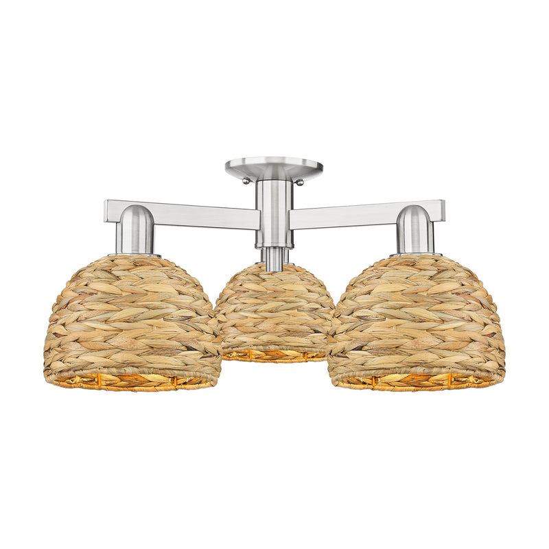 Innovations Arcadia 26in 3-Light Semi-Flush Mount | Industrial Brushed Satin Nickel and Natural Rattan Dome Shade | Entryway & | Model 716-3F-SN-RBD-8-NAT