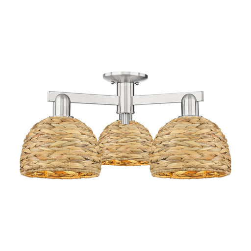 Innovations Arcadia 26in 3-Light Semi-Flush Mount | Industrial Brushed Satin Nickel and Natural Rattan Dome Shade | Entryway & | Model 716-3F-SN-RBD-8-NAT