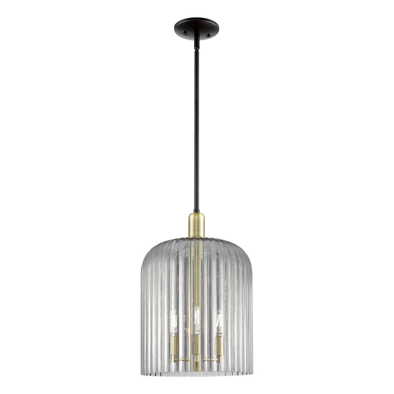 Innovations Bridal Veil 12in 1-Light Mini Pendant | Industrial Black Antique Brass Steel and Light Smoke Ribbed Glass | Model 716-3S-BAB-G559-12SM