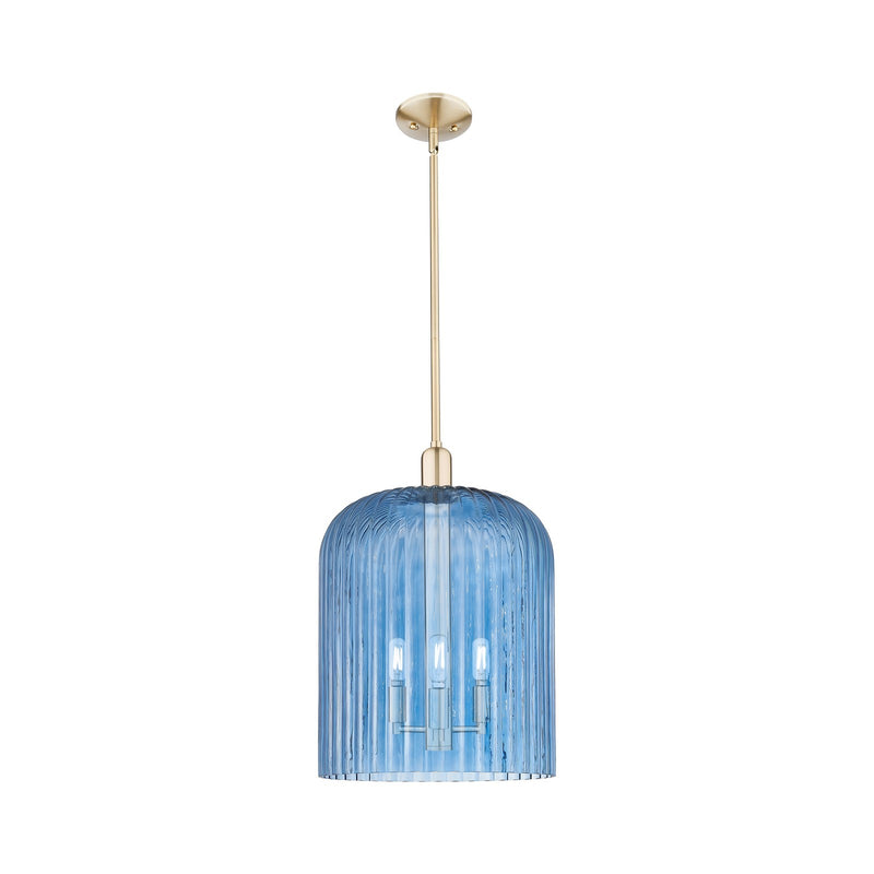 Innovations Bridal Veil 12in 1-Light Mini Pendant | Industrial Champagne Bronze Steel and Blue Ribbed Glass | Kitchen Island & | Model 716-3S-CB-G559-12BL