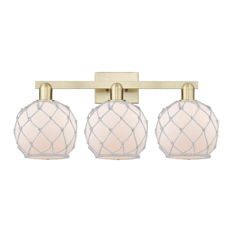 Innovations Farmhouse Rope 27in 3-Light Bath Vanity Light | Industrial Antique Brass Steel and White Frosted Glass with Rope | Model 716-3W-AB-G121-8RW