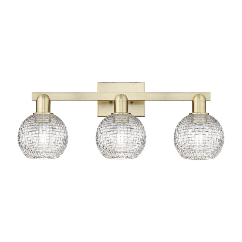 Innovations Athens 25in 3-Light Bath Vanity | Industrial Antique Brass and Clear Basket Weave Glass | Bathroom Vanity Light | Model 716-3W-AB-G122C-6CL