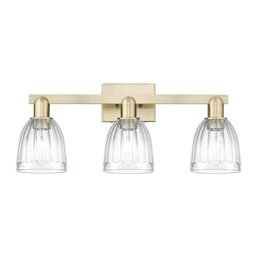 Innovations Brookfield 25in 3-Light Bath Vanity Light | Industrial Antique Brass Steel and Clear Ribbed Glass | Bathroom Vanity | Model 716-3W-AB-G442