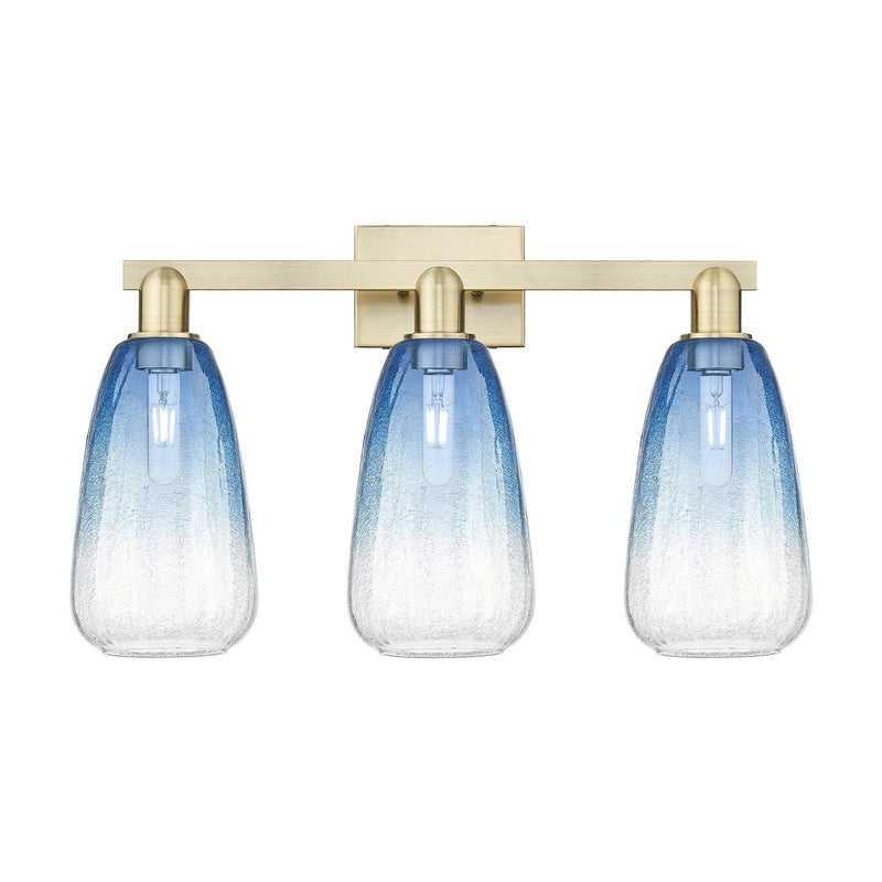 Innovations Brookhaven Almond 25in 3-Light Bath Vanity Light | Industrial Antique Brass and Sapphire Blue Glass | Bathroom | Model 716-3W-AB-G480-6SB
