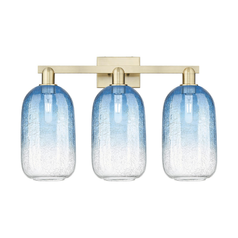 Innovations Brookhaven Cloche 26in 3-Light Bath Vanity Light | Industrial Antique Brass and Sapphire Blue Glass | Bathroom | Model 716-3W-AB-G482-7SB