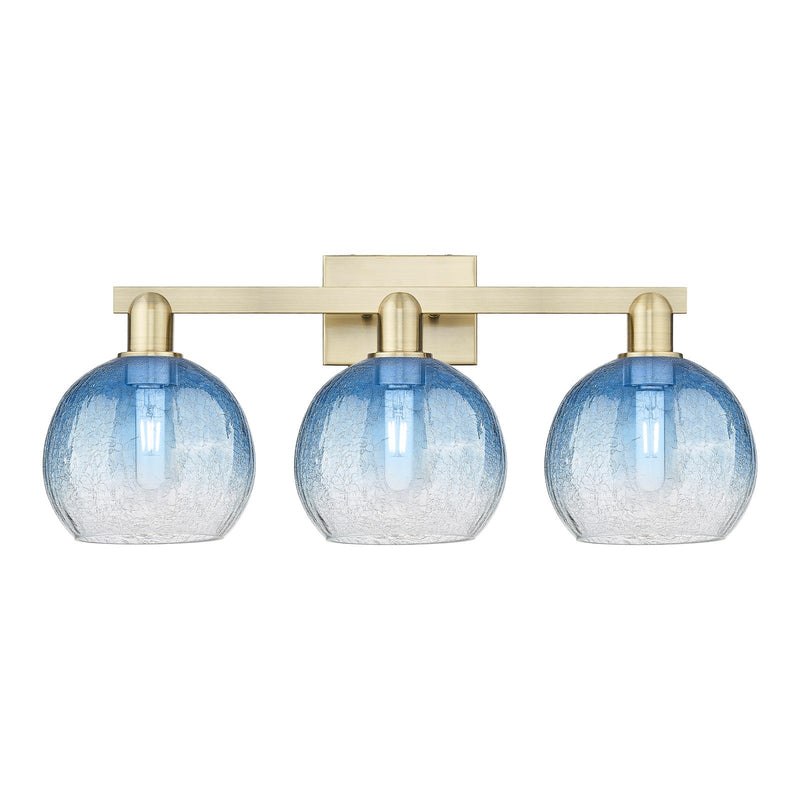 Innovations Brookhaven Globe 27in 3-Light Bath Vanity Light | Industrial Antique Brass and Sapphire Blue Glass | Bathroom | Model 716-3W-AB-G483-8SB