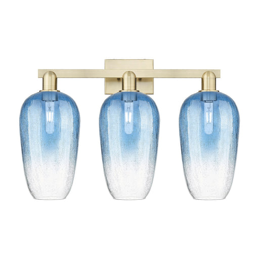 Innovations Brookhaven Flute 26in 3-Light Bath Vanity Light | Industrial Antique Brass and Sapphire Blue Glass | Bathroom | Model 716-3W-AB-G484-7SB