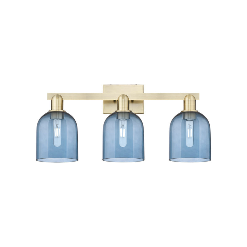 Innovations Bella 25in 3-Light Bath Vanity Light | Industrial Antique Brass and Blue Glass | Bathroom Vanity | 24.5 x 11.25 in | Model 716-3W-AB-G558-6BL