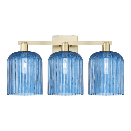 Innovations Bridal Veil 27in 3-Light Bath Vanity Light | Industrial Antique Brass and Princess Blue Ribbed Glass | Bathroom | Model 716-3W-AB-G559-8BL