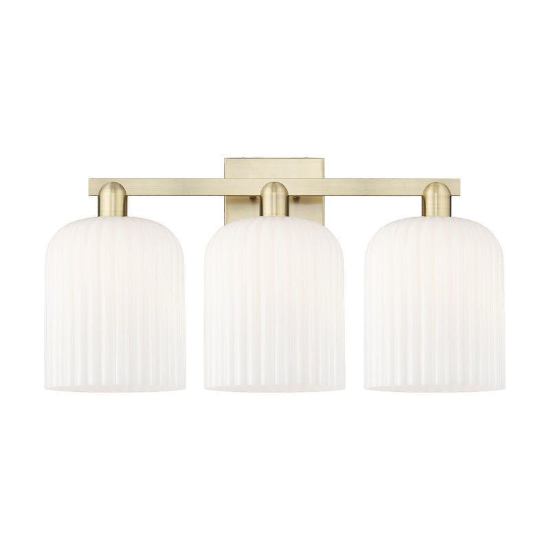Innovations Bridal Veil 27in 3-Light Bath Vanity Light | Industrial Antique Brass and Gloss White Ribbed Glass | Bathroom | Model 716-3W-AB-G559-8GWH