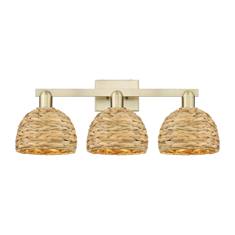 Innovations Woven Rattan 27in 3-Light Bath Vanity Light | Industrial Antique Brass and Natural Fiber Dome Shade | Bathroom | Model 716-3W-AB-RBD-8-NAT