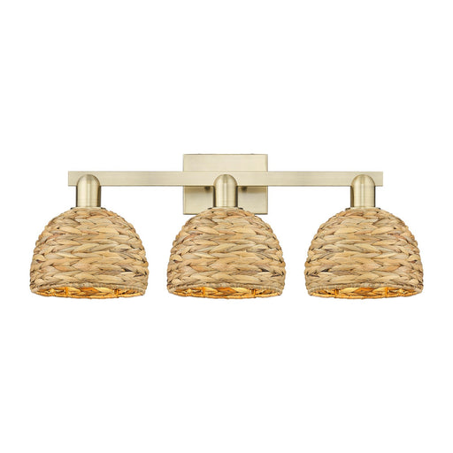 Innovations Woven Rattan 27in 3-Light Bath Vanity Light | Industrial Antique Brass and Natural Fiber Dome Shade | Bathroom | Model 716-3W-AB-RBD-8-NAT