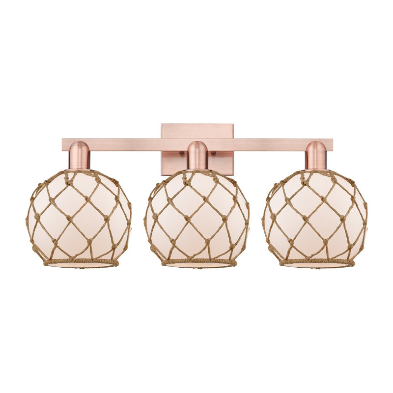 Innovations Farmhouse Rope 27in 3-Light Bath Vanity Light | Industrial Antique Copper Steel and White Frosted Glass with Brown | Model 716-3W-AC-G121-8RB