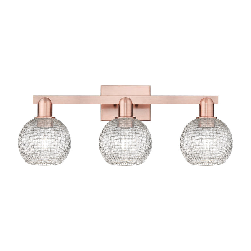 Innovations Athens 25in 3-Light Bath Vanity Light | Industrial Antique Copper and Clear Basket Weave Glass | Bathroom Vanity | Model 716-3W-AC-G122C-6CL