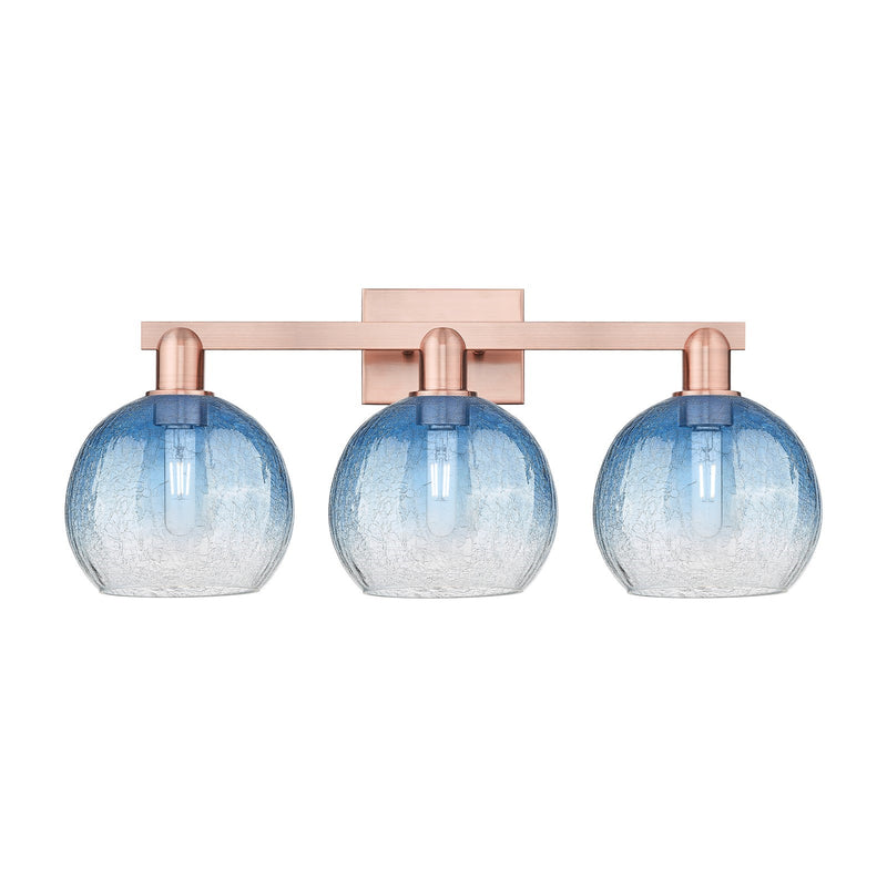 Innovations Brookhaven Globe 27in 3-Light Bath Vanity Light | Industrial Antique Copper and Sapphire Blue Glass | Bathroom | Model 716-3W-AC-G483-8SB