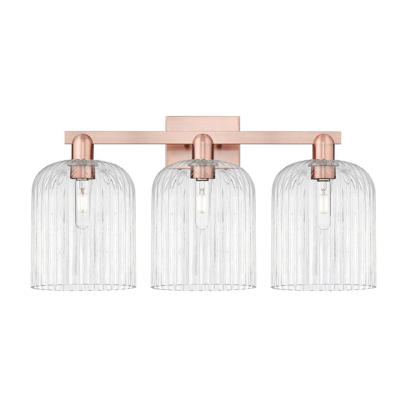 Innovations Bridal Veil 27in 3-Light Bath Vanity | Industrial Antique Copper and Clear Ribbed Glass | Damp Rated Bathroom | Model 716-3W-AC-G559-8CL