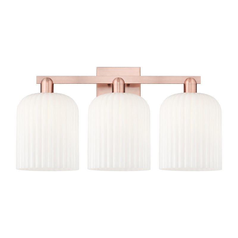 Innovations Bridal Veil 27in 3-Light Bath Vanity Light | Industrial Antique Copper Steel and Gloss White Ribbed Glass | Model 716-3W-AC-G559-8GWH