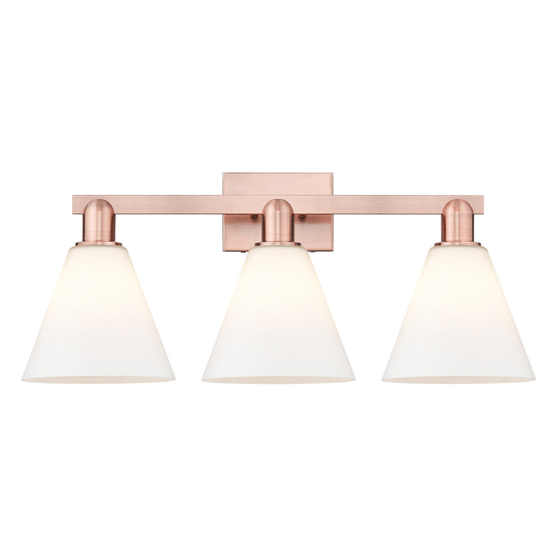Innovations Berkshire Glass 26in 3-Light Bath Vanity Light | Industrial Antique Copper and Matte White Glass | Damp Rated | Model 716-3W-AC-GBC-81
