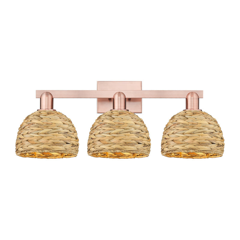 Innovations Woven Rattan 27in 3-Light Bath Vanity Light | Industrial Antique Copper and Natural Fiber Shade | Bathroom Vanity | Model 716-3W-AC-RBD-8-NAT