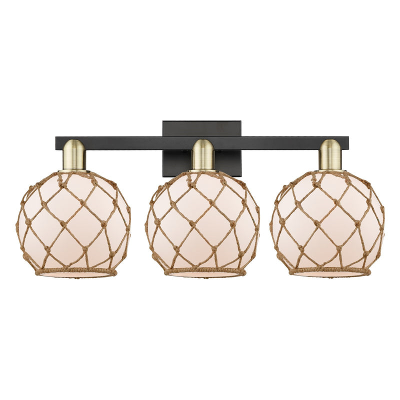 Innovations Farmhouse Rope 27in 3-Light Bath Vanity Light | Industrial Black Antique Brass and White Glass with Brown Rope | Model 716-3W-BAB-G121-8RB