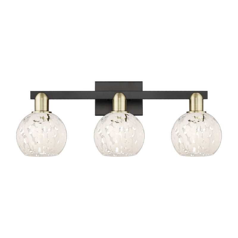 Innovations White Mouchette 25in 3-Light Bath Vanity Light | Industrial Black Antique Brass and White Glass | Kitchen Island | Model 716-3W-BAB-G1216-6WM