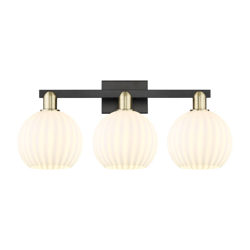 Innovations Lighting Arcadia 27in 3-Light Bath Vanity Light | Industrial Black Antique Brass and White Venetian Glass | Model 716-3W-BAB-G1217-8WV