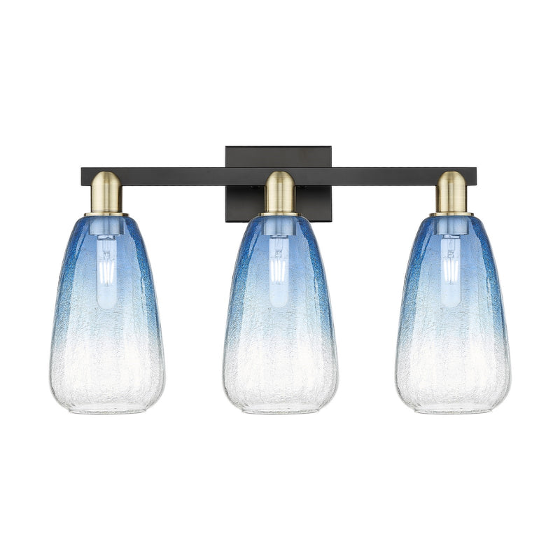 Innovations Brookhaven Almond 26in 3-Light Bath Vanity Light | Industrial Black Antique Brass and Sapphire Blue Glass | Model 716-3W-BAB-G480-6SB