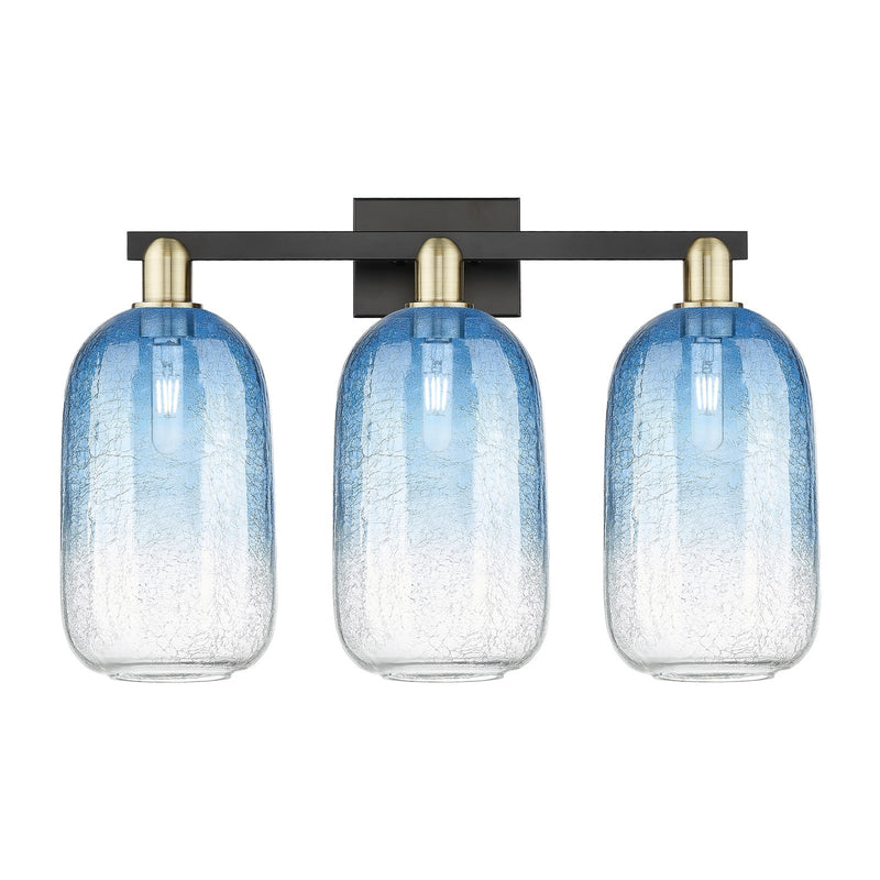 Innovations Brookhaven Cloche 26in 3-Light Bath Vanity Light | Industrial Black Antique Brass and Sapphire Blue Glass | Model 716-3W-BAB-G482-7SB