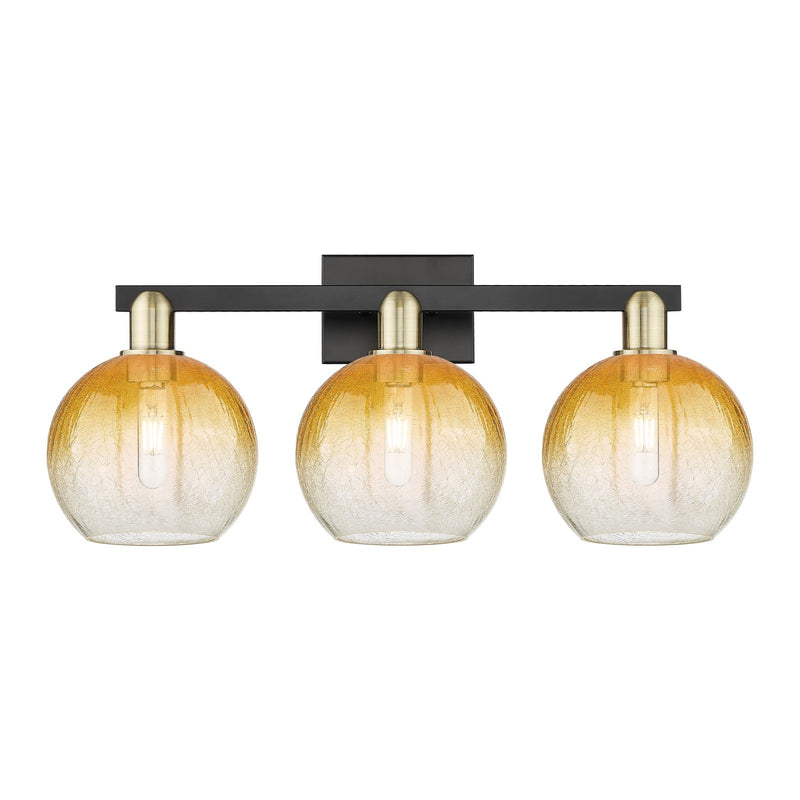 Innovations Brookhaven Globe 27in 3-Light Bath Vanity Light | Industrial Black Antique Brass and Amber Glass | Damp Rated | Model 716-3W-BAB-G483-8AM