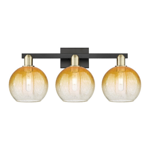 Innovations Brookhaven Globe 27in 3-Light Bath Vanity Light | Industrial Black Antique Brass and Amber Glass | Damp Rated | Model 716-3W-BAB-G483-8AM