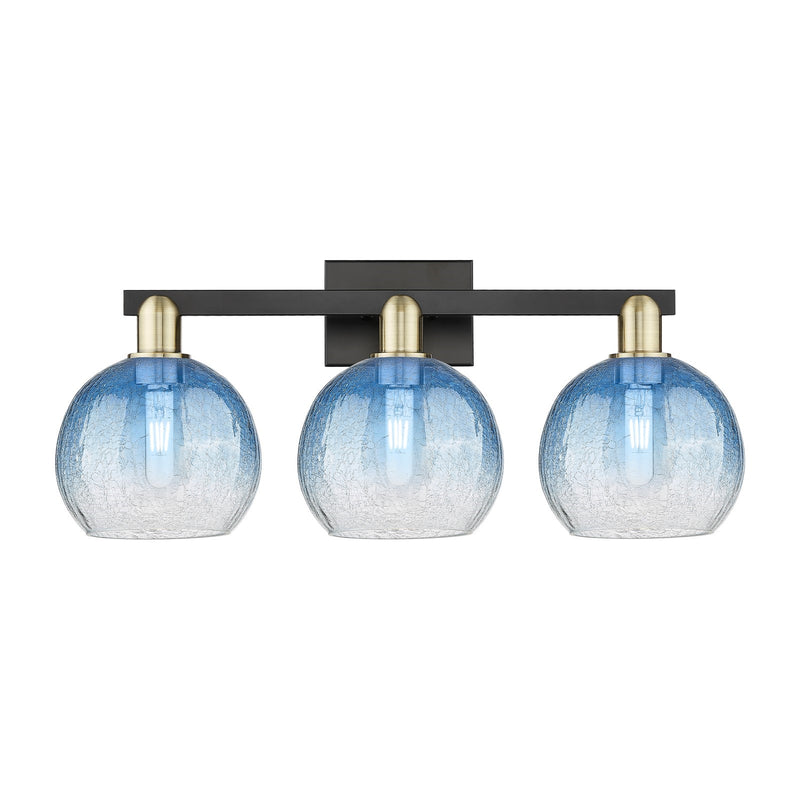 Innovations Brookhaven Globe 27in 3-Light Bath Vanity Light | Industrial Black Antique Brass and Sapphire Blue Glass | Model 716-3W-BAB-G483-8SB