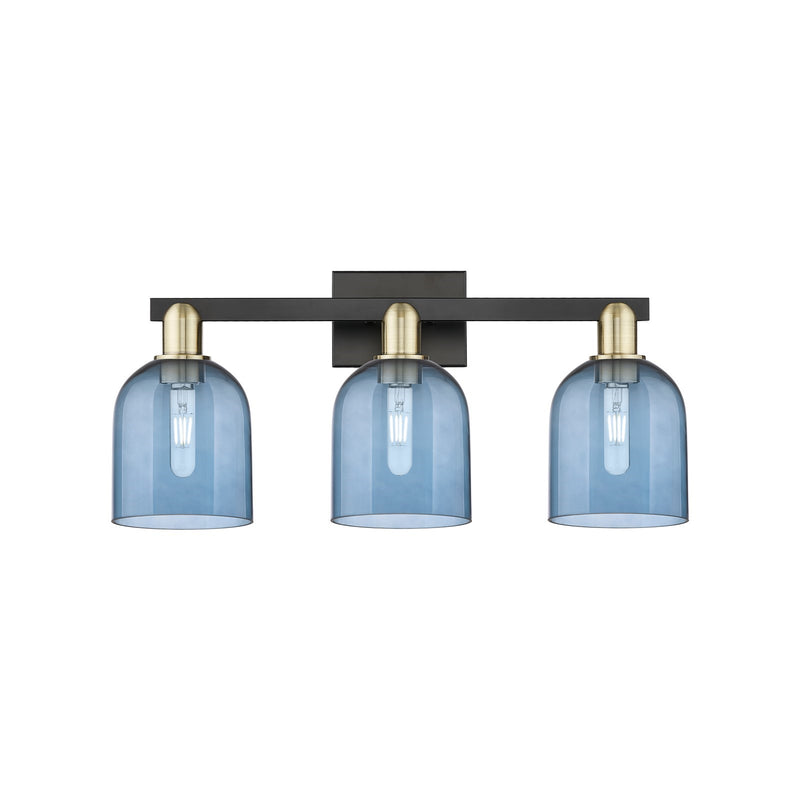 Innovations Bella 24.5in 3-Light Bath Vanity Light | Industrial Black Antique Brass Steel and Blue Glass | Bathroom Vanity | Model 716-3W-BAB-G558-6BL