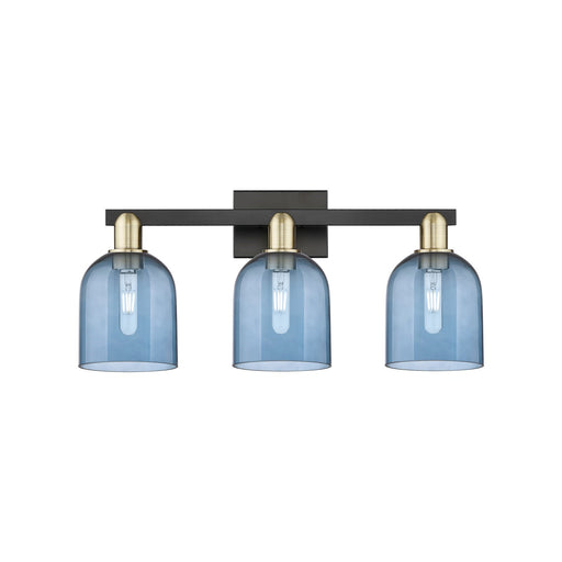 Innovations Bella 24.5in 3-Light Bath Vanity Light | Industrial Black Antique Brass Steel and Blue Glass | Bathroom Vanity | Model 716-3W-BAB-G558-6BL