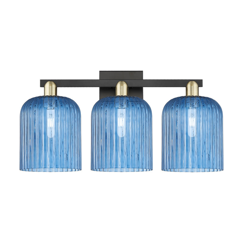 Innovations Bridal Veil 27in 3-Light Bath Vanity Light | Industrial Black Antique Brass and Princess Blue Ribbed Glass | Model 716-3W-BAB-G559-8BL