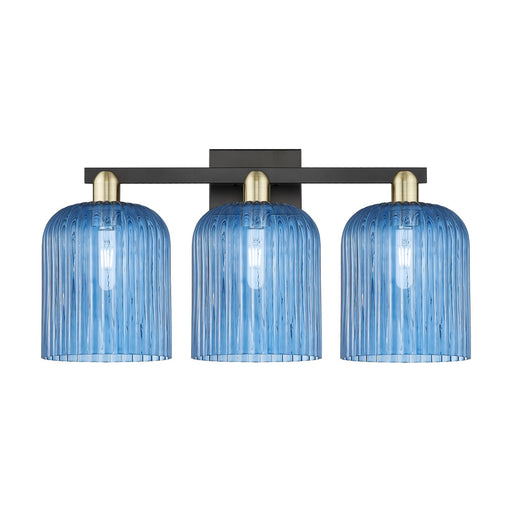 Innovations Bridal Veil 27in 3-Light Bath Vanity Light | Industrial Black Antique Brass and Princess Blue Ribbed Glass | Model 716-3W-BAB-G559-8BL