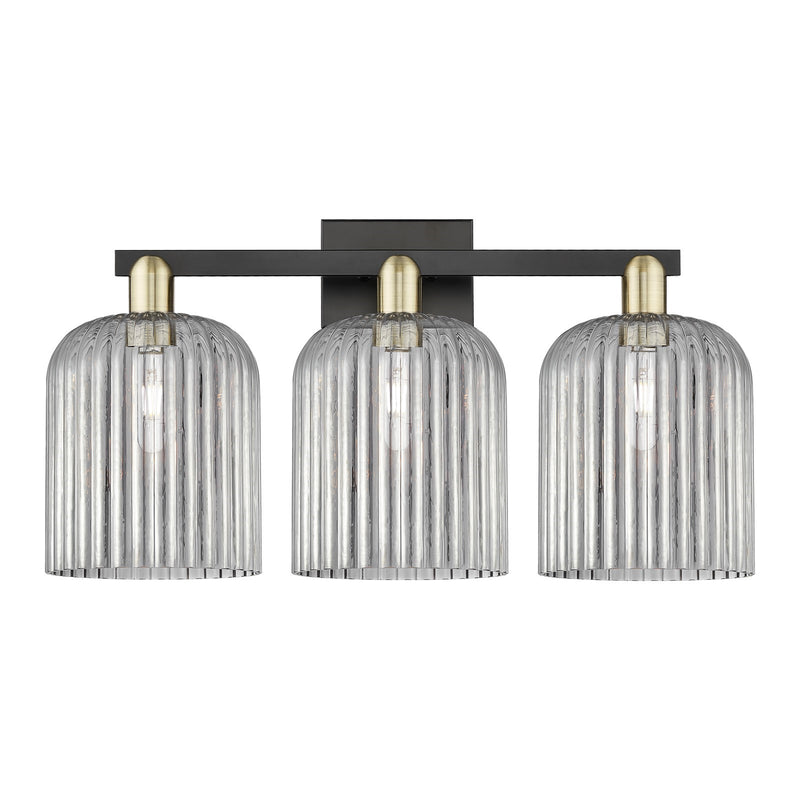 Innovations Bridal Veil 27in 3-Light Bath Vanity Light | Industrial Black Antique Brass Steel and Light Smoke Ribbed Glass | Model 716-3W-BAB-G559-8SM