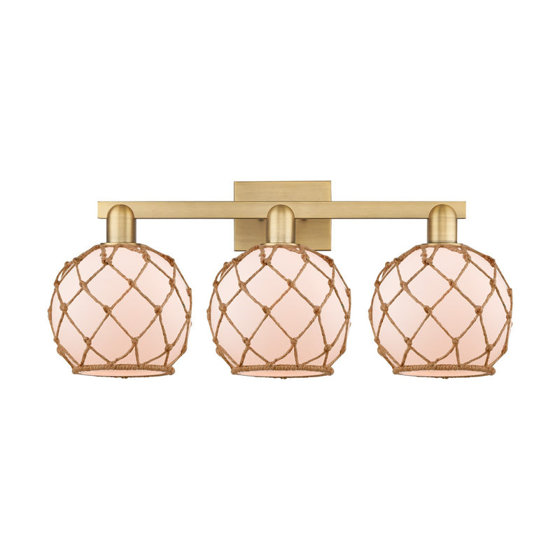 Innovations Farmhouse Rope 27in 3-Light Bath Vanity | Industrial Brushed Brass Steel and White Frosted Glass with Brown Rope | Model 716-3W-BB-G121-8RB
