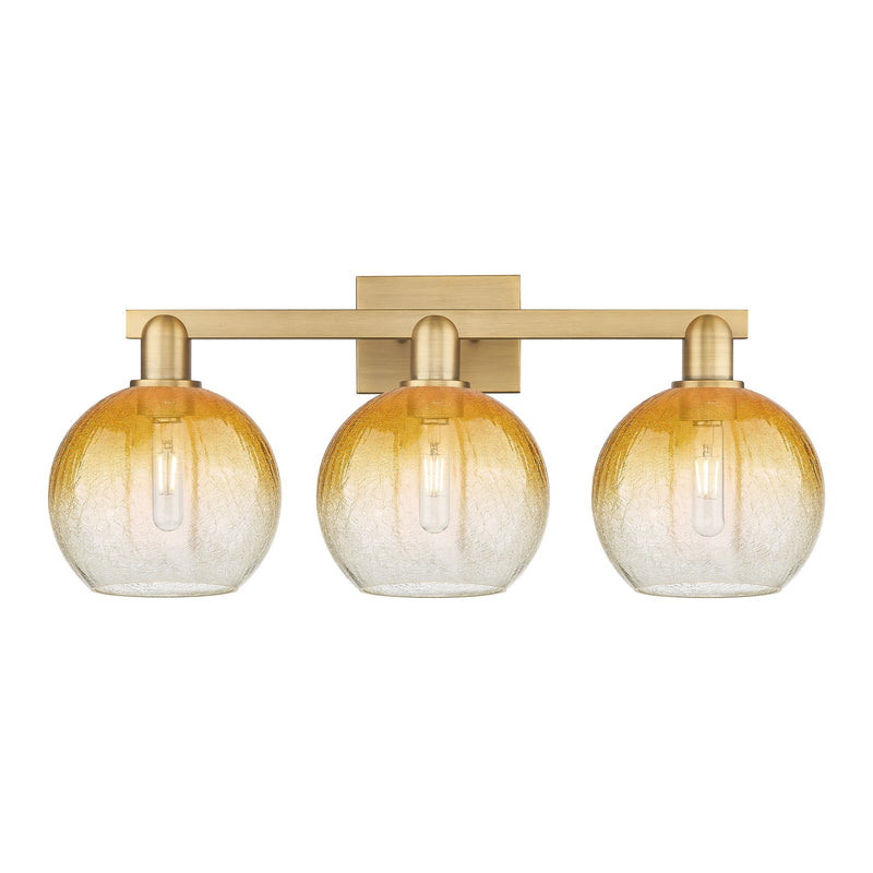 Innovations Brookhaven Globe 27in 3-Light Bath Vanity | Industrial Brushed Brass and Amber Glass | Bathroom Vanity & Powder | Model 716-3W-BB-G483-8AM