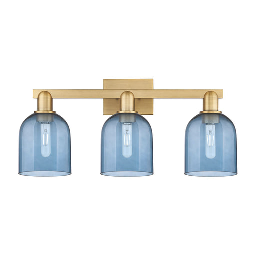 Innovations Bella 25in 3-Light Bath Vanity Light | Industrial Brushed Brass and Blue Glass | Bathroom Vanity | 24.5 x 11.25 x | Model 716-3W-BB-G558-6BL