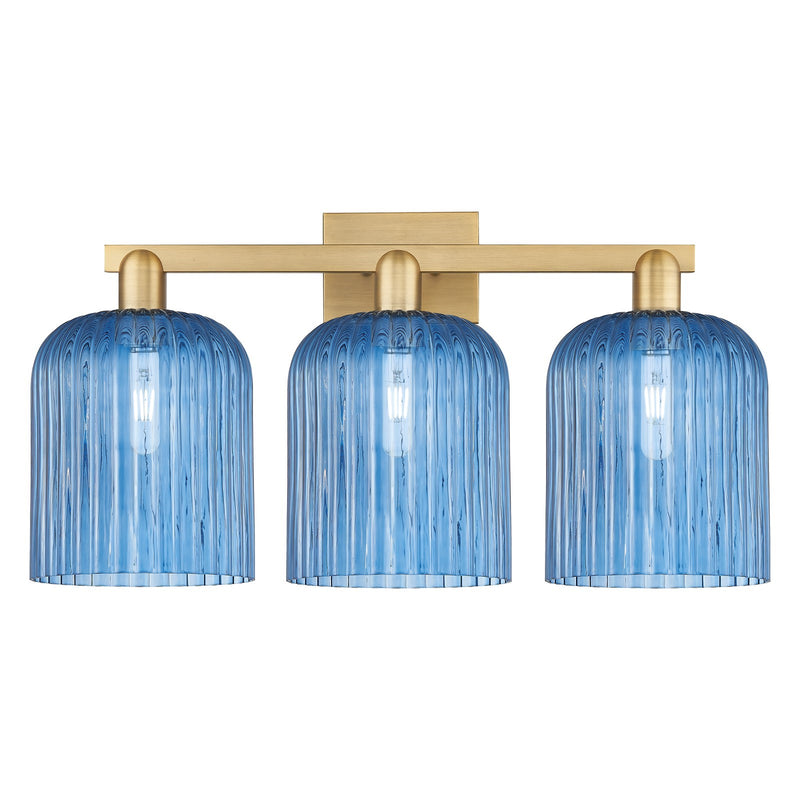 Innovations Bridal Veil 27in 3-Light Bath Vanity | Industrial Brushed Brass and Princess Blue Ribbed Glass | Bathroom Vanity | Model 716-3W-BB-G559-8BL