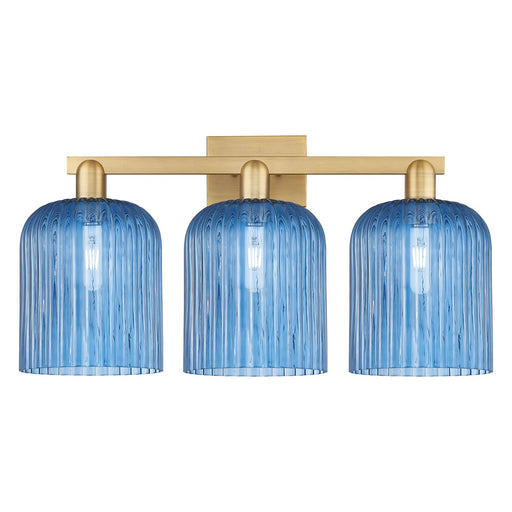 Innovations Bridal Veil 27in 3-Light Bath Vanity | Industrial Brushed Brass and Princess Blue Ribbed Glass | Bathroom Vanity | Model 716-3W-BB-G559-8BL