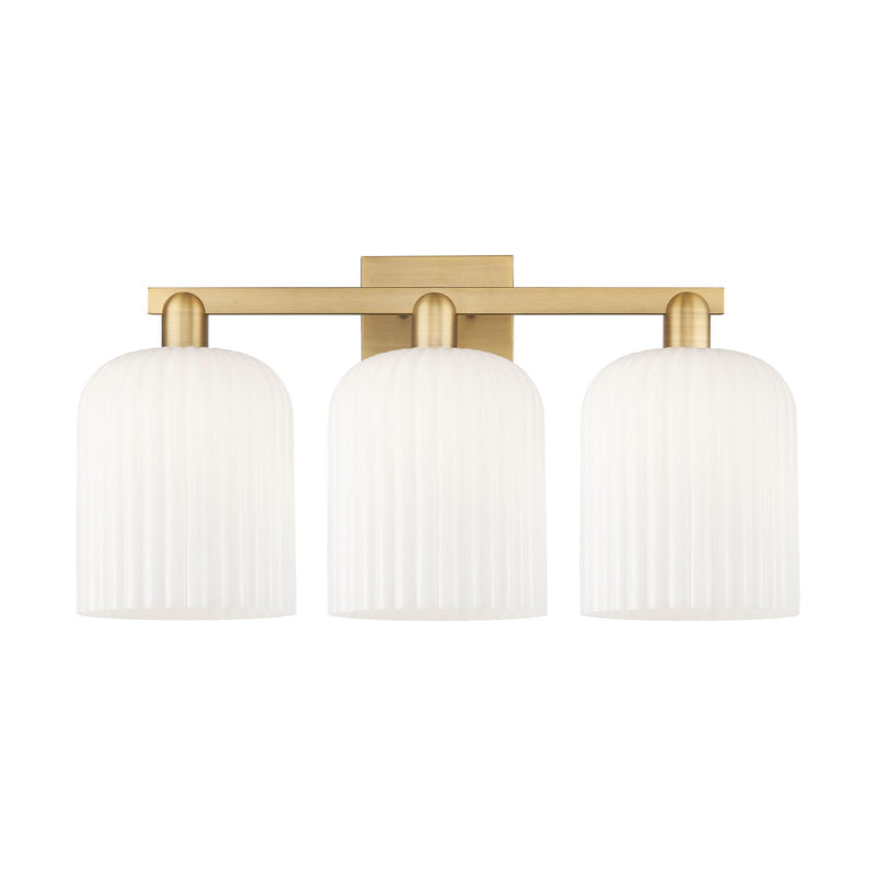 Innovations Bridal Veil 27in 3-Light Bath Vanity Light | Industrial Brushed Brass and Gloss White Ribbed Glass | Bathroom | Model 716-3W-BB-G559-8GWH