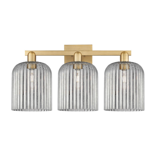 Innovations Bridal Veil 27in 3-Light Bath Vanity Light | Industrial Brushed Brass Steel and Light Smoke Ribbed Glass | Bathroom | Model 716-3W-BB-G559-8SM