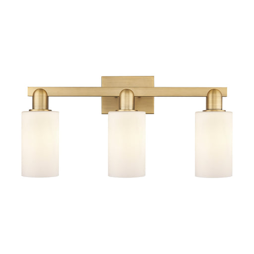 Innovations Clymer 23in 3-Light Bath Vanity Light | Industrial Brushed Brass Steel and Matte White Glass | Bathroom Vanity | 22.88 | Model 716-3W-BB-G801