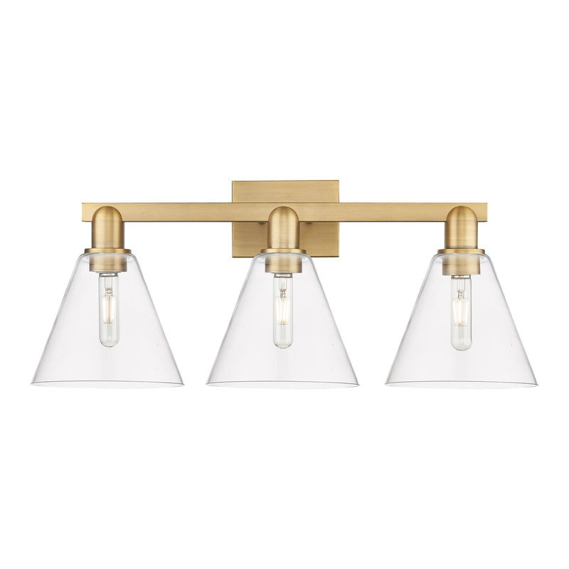 Innovations Berkshire Glass 26in 3-Light Bath Vanity | Industrial Brushed Brass Steel and Clear Glass | Bathroom Vanity Light | Model 716-3W-BB-GBC-82