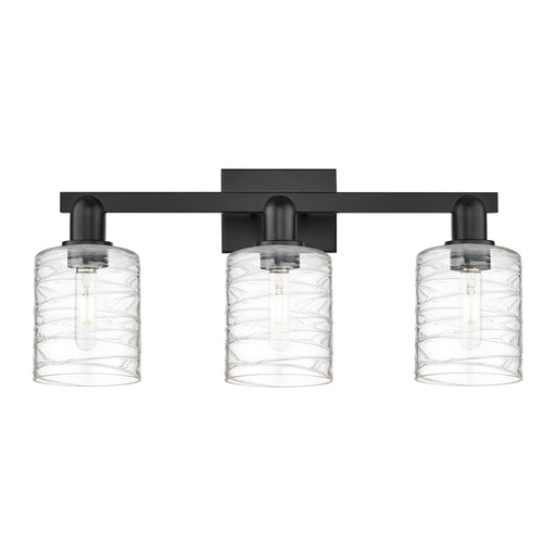 Innovations Cobbleskill 24in 3-Light Bath Vanity Light | Industrial Matte Black Steel and Deco Swirl Clear Glass | Bathroom Vanity | Model 716-3W-BK-G1113
